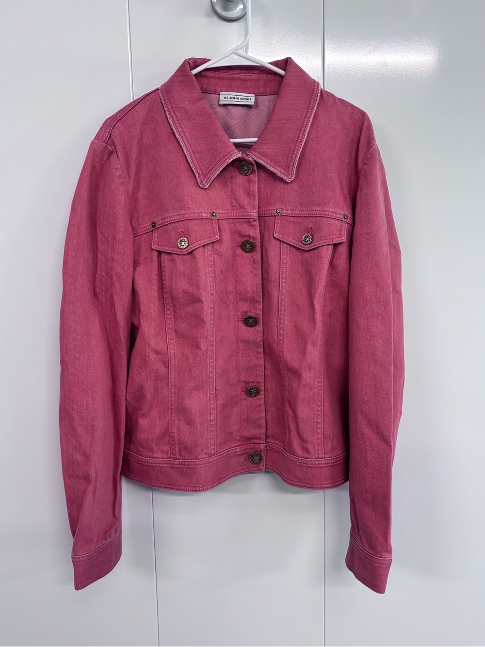 Vintage St. John Sport Pink Denim Jacket Women’s Stretch Marie Gray Gold Buttons